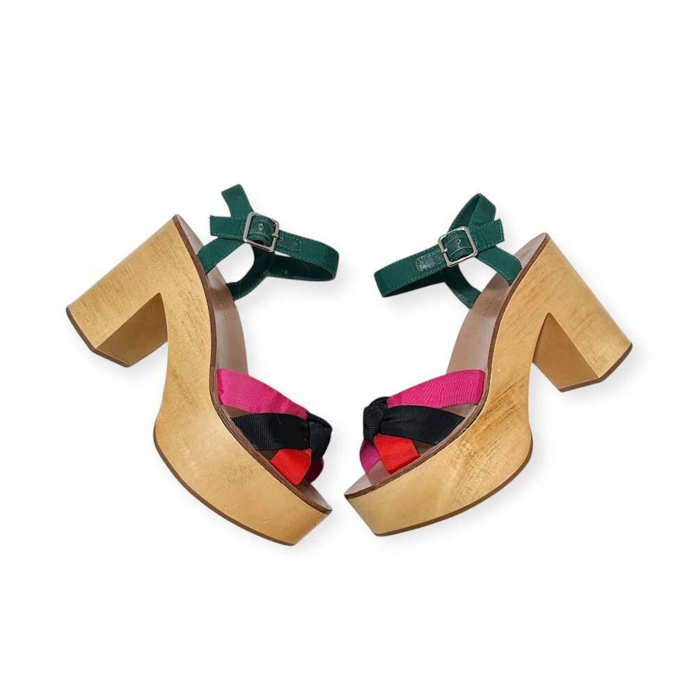 Loeffler Randall Elsa Platform Sandals Wood Clog Multi Silk Knot Heel Size 6 - Picture 13 of 16